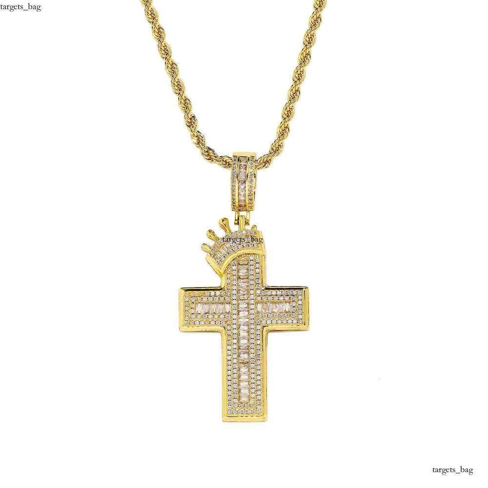 Hip Hop Crown Cross Shape Inlaid Dia Pendant Necklace Fashion Trend Unisex Cable Knit Sweater Chain