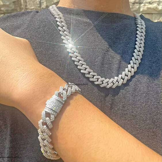 Fashion Design 2Rows Moissanite Dia Sier Cuban Link Necklace/bracelet Chain for Rapper Hiphop Jewelry