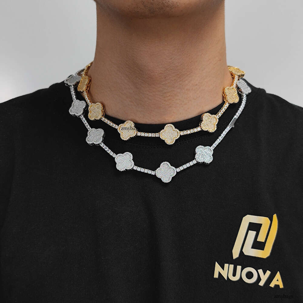 Hip Hop Spring Buckle Four-Leaf Clover Tennis Chain Moissanite chain High-End Versatile Men's Necklace