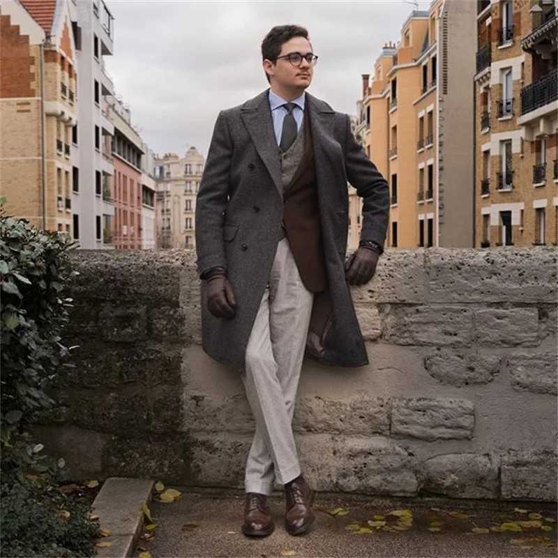 igh Quality Wool Men Suits Thick Custom Made Men Suits Double Breasted Tuxedos Peaked Lapel Blazer Business Formal Long Coat XJ250809