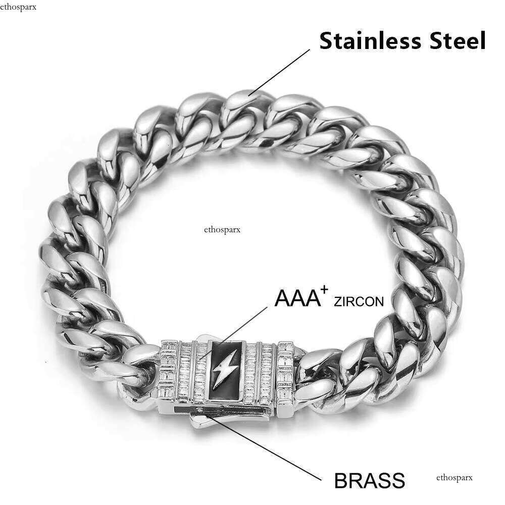 Men's Miami Hip Hop Cuban Bracelet Stainless Steel with Gold Plated Baguette Lighting Clasp Fine Jewelry in Bracelets