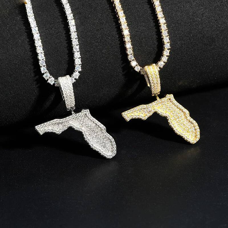 Hiphop Iced Bling Moissanite Florida State Pendant 925 Sterling Silver Plated 14k Gold Pass Diamond Tester Wholesale Jewelry