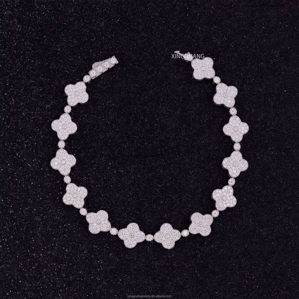 Fashion Style Moissanite 9mm Wide Hip Hop Women Fine Jewelry S Sier VVS Dia Clover Bracelet