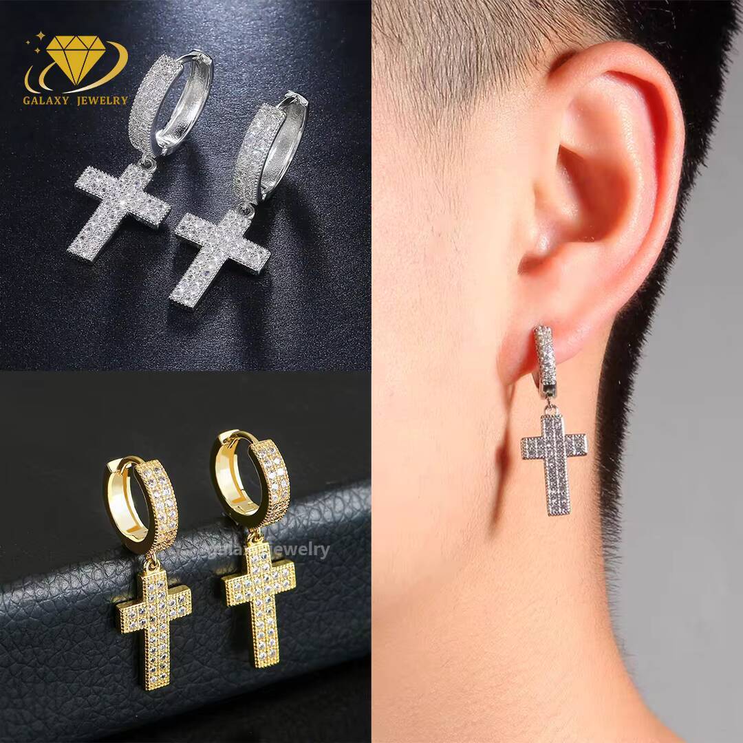 Classic Mens Vvs Moissanite Diamond Cross Stud Earrings Hip Hop Jewelry 925 Sterling Silver Gold Plated Custom Hoop Earrings