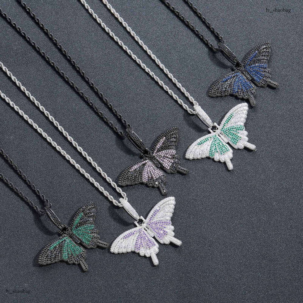 Small Butterfly Pendant Colorful Micro Paved Moissanite chain Personality Trendy Unisex Couple Hip Hop Necklace
