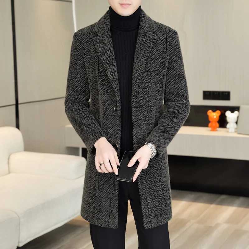 2025 Winter Business Mens Casual Striped Woolen Coats Thick Warm Mid-Length Top Overcoat Clothing Outerwear Windbreaker Jacket XJ250809