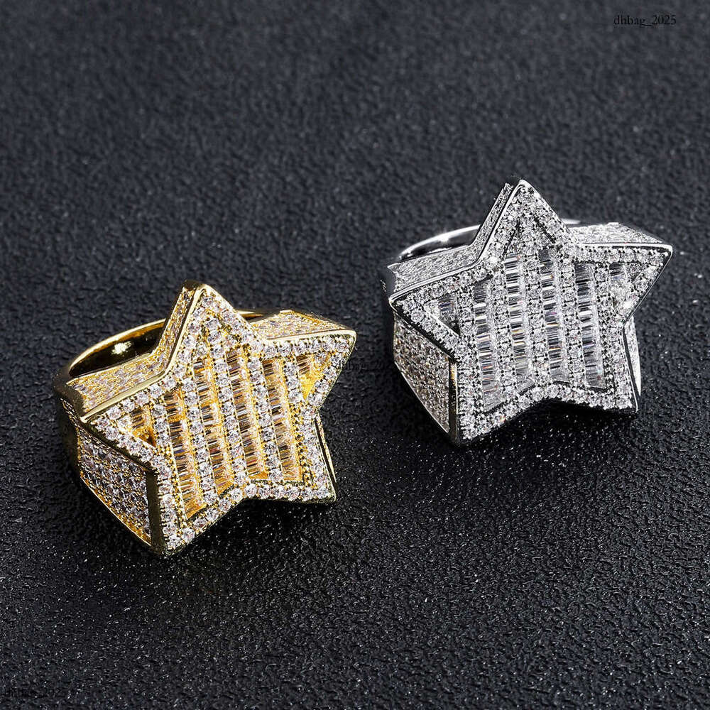 New Five-Pointed Star Cubic Zirconia Round Zircon Micro-Paved Men's Personality Trendy Hip-Hop Ring