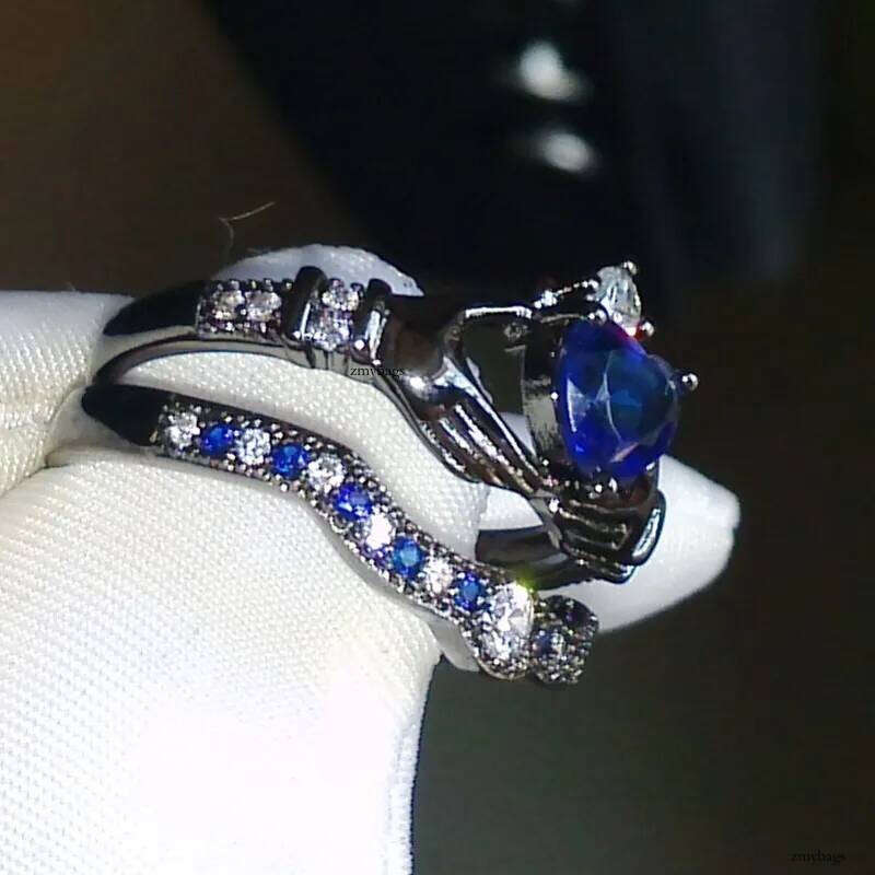 Wholesale Free Shipping Heart Jewelry sterling sier black gold pated Blue Sapphire CZ Dia Wedding Bridal Women Ring Size 5-11