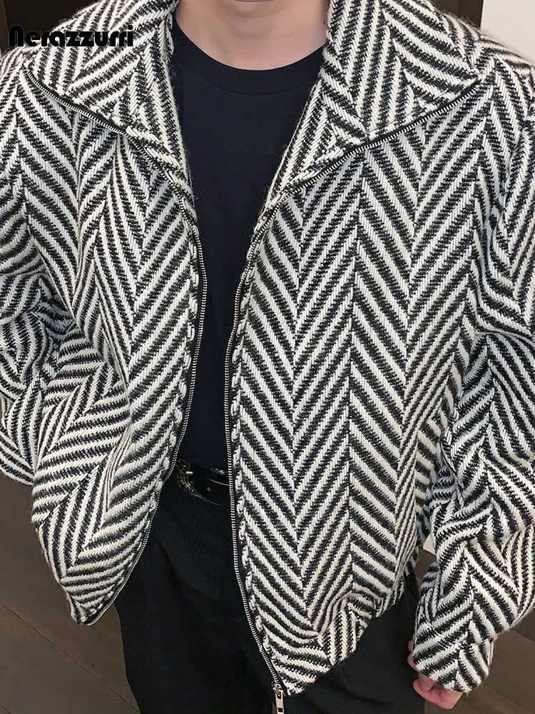 Nerazzurri Autumn Winter Warm Colorful Black and White Plaid Woolen Jacket Coat Men Zip Up Clothes Loose Casual Korean Fashion XJ250809