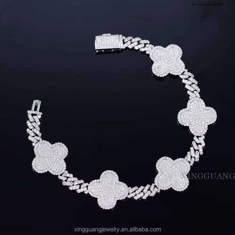 XingGuang Hiphop Cuban Sterling Sier VVS Moissanite Dia Four Leaf Clover Bracelet 3mm 4mm Tennis Chain