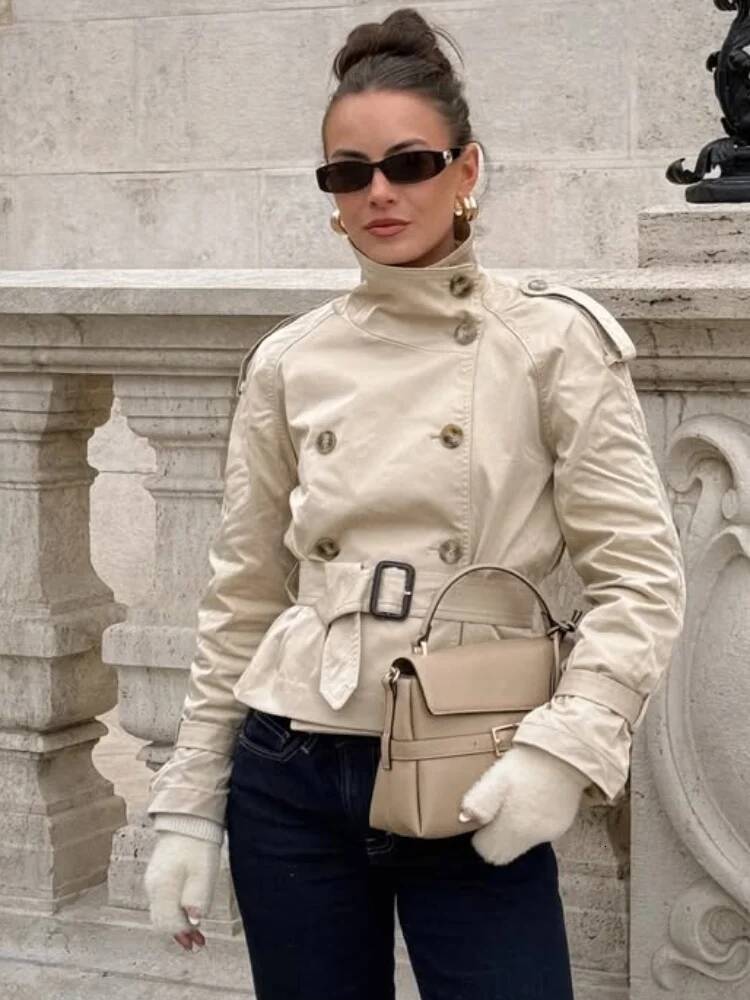 Spring Double Breasted Trench Coat With Belts Women Elegant Stand Collar Long Sleeve Jacket Office Lady Windbreaker Street Tops