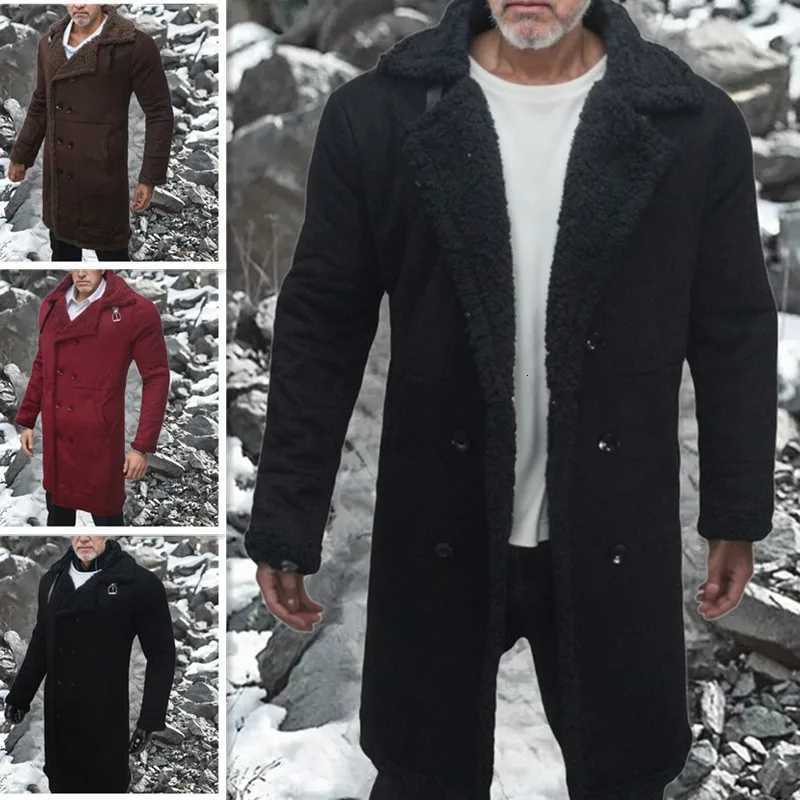 New Mens Coat Faux Suede Lamb Wool Coat Long Sleeve Double Breasted Pockets Parka Jacket XJ250809