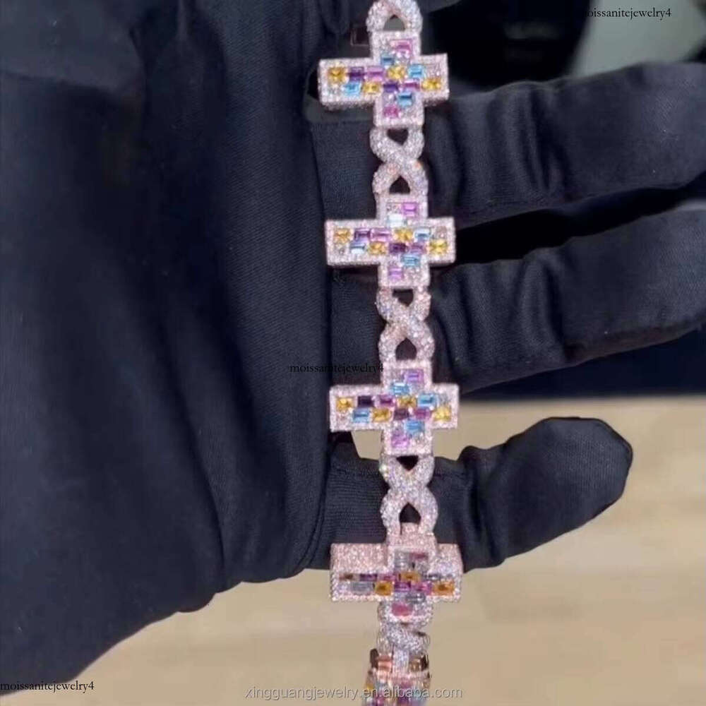 Cross Dia Hip Hop Chain Bracelet VVS Moissanite GRA Colorful 5A CZ Sterling Sier Gold Plate Fine Jewelry Bracelets