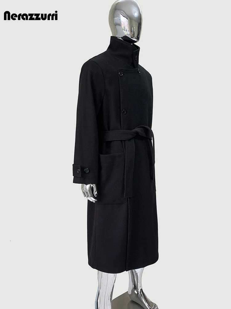 Nerazzurri Spring Autumn Winter Long Thick Soft Warm Black Wool Blends Coat Men Sashes Luxury Elegant Chic Woolen Overcoat 2025 XJ250809