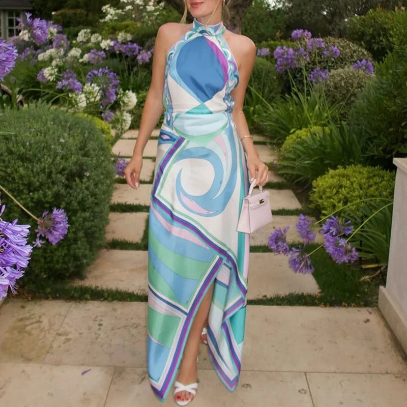 Satin Print Irregular Two Piece Sets Sexy Hanging Neck Top and Long Skirt Party Suit Fashion Backless Hollow Out Beach Outfits 250808