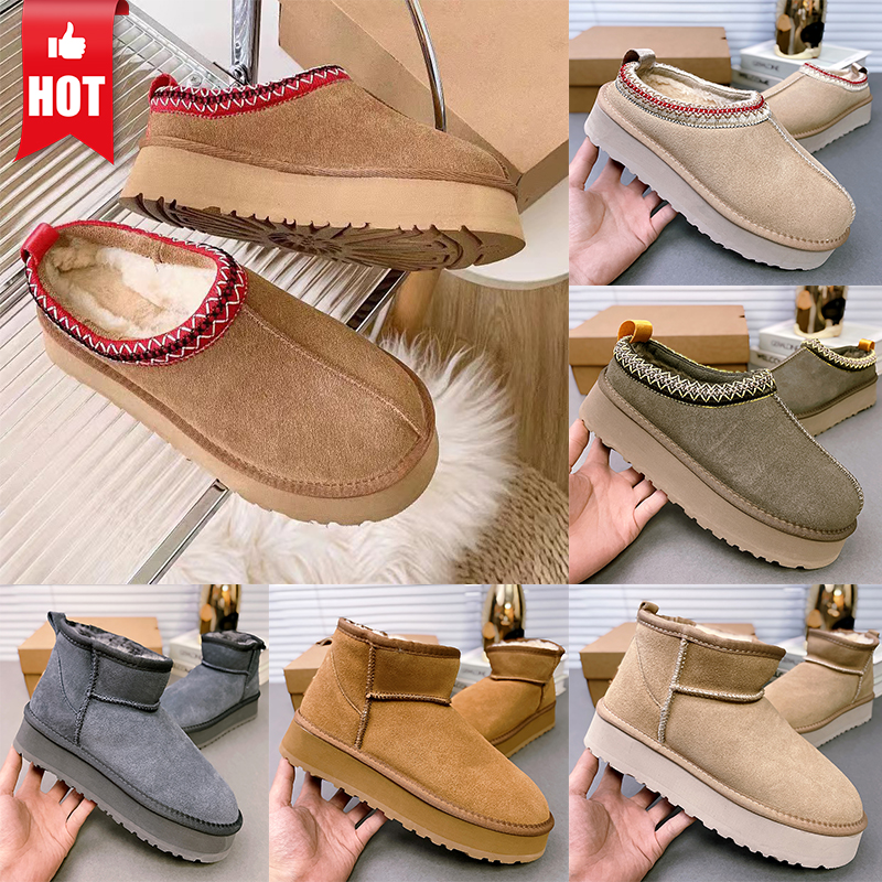 Designer Tazz Tasman Slippers For Women Men Classic Ultra Mini Platform Snow Boot Chestnut Fur Slides Sheepskin Womens Shearling Platforms Slip-on Shoes Suede