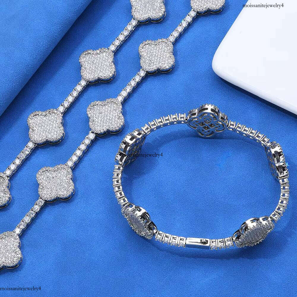 NUOYA Hip Hop Fine Jewelry Sterling Sier Four-Leaf Clover White Gold VVS Moissanite Tennis Chain Bracelet for Women Gift