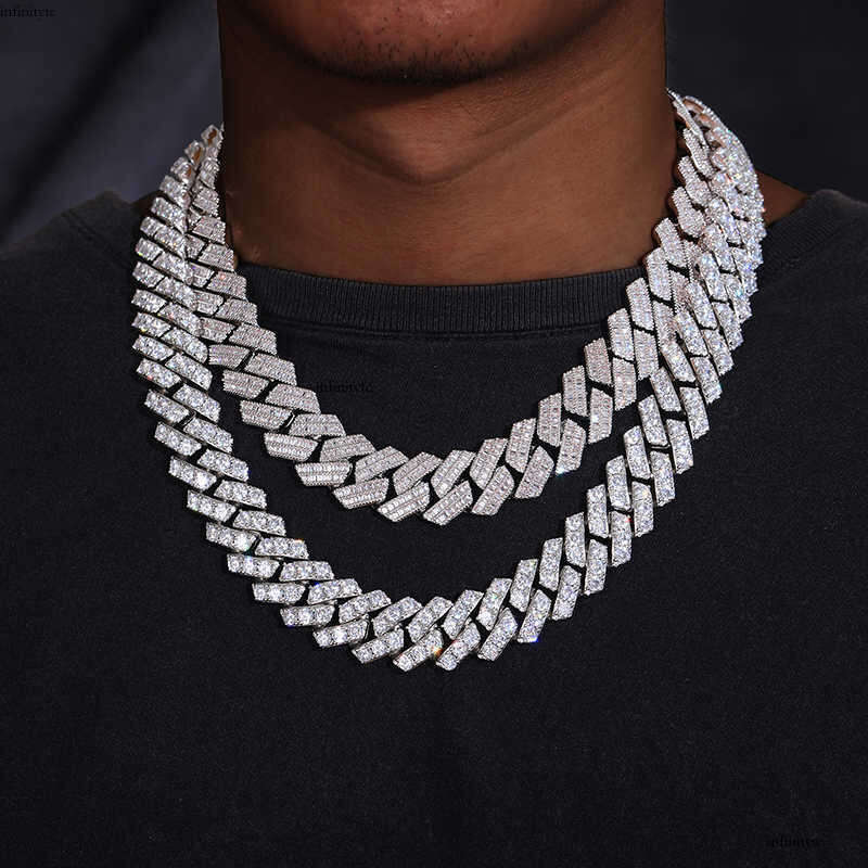 Moissanite necklace cuban k chain 20mm 2 row full dia ice out vvs pass dias tester stainless steel plating hiphop jewelry bracelet necklaces with GRA 