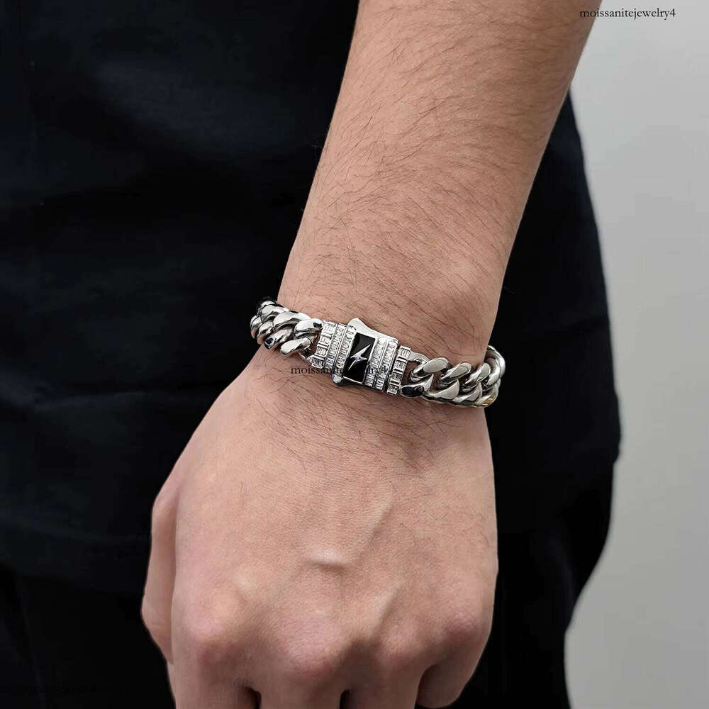 Men's Miami Hip Hop Cuban Bracelet Stainless Steel with Gold Plated Baguette Lighting Clasp Fine Jewelry in Bracelets