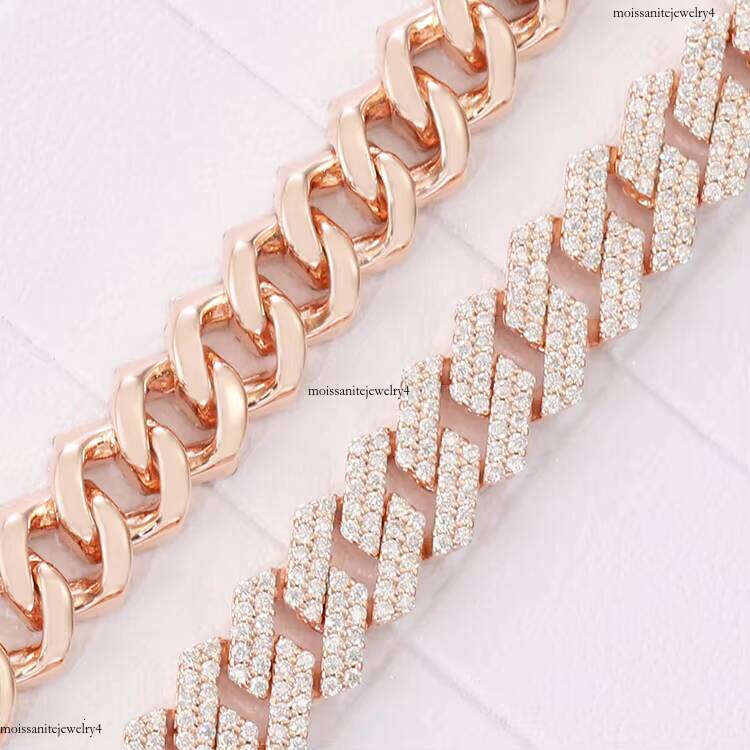 Pink Pure Sier Plated Gold 8mm Wide Handmade Insert 2 Rows Vvs Moissanite Cuban Link Chain