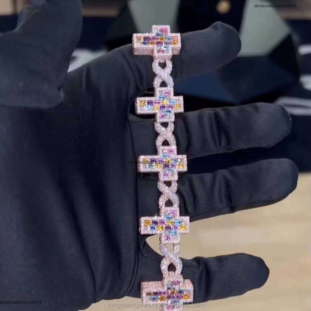 Cross Dia Hip Hop Chain Bracelet VVS Moissanite GRA Colorful 5A CZ Sterling Sier Gold Plate Fine Jewelry Bracelets