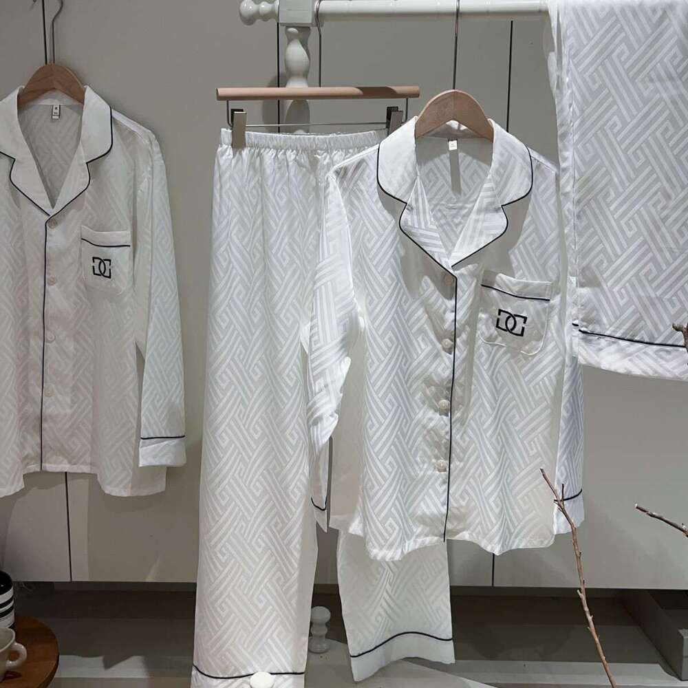 Spring Autumn Couple Pajamas Set Women, Long Sleeve Ice Silk Embroidered Jacquard Waffle Solid Color Thin Homewear For Men And Women