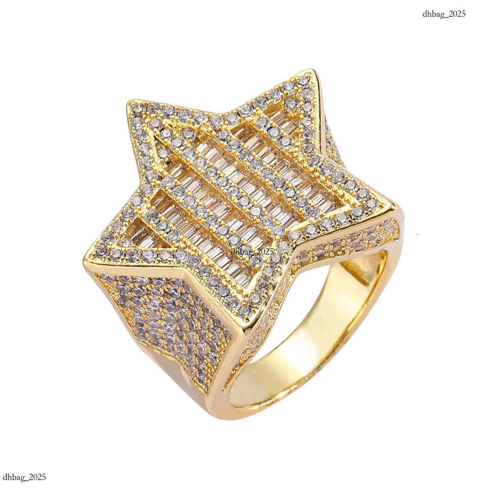 New Five-Pointed Star Cubic Zirconia Round Zircon Micro-Paved Men's Personality Trendy Hip-Hop Ring