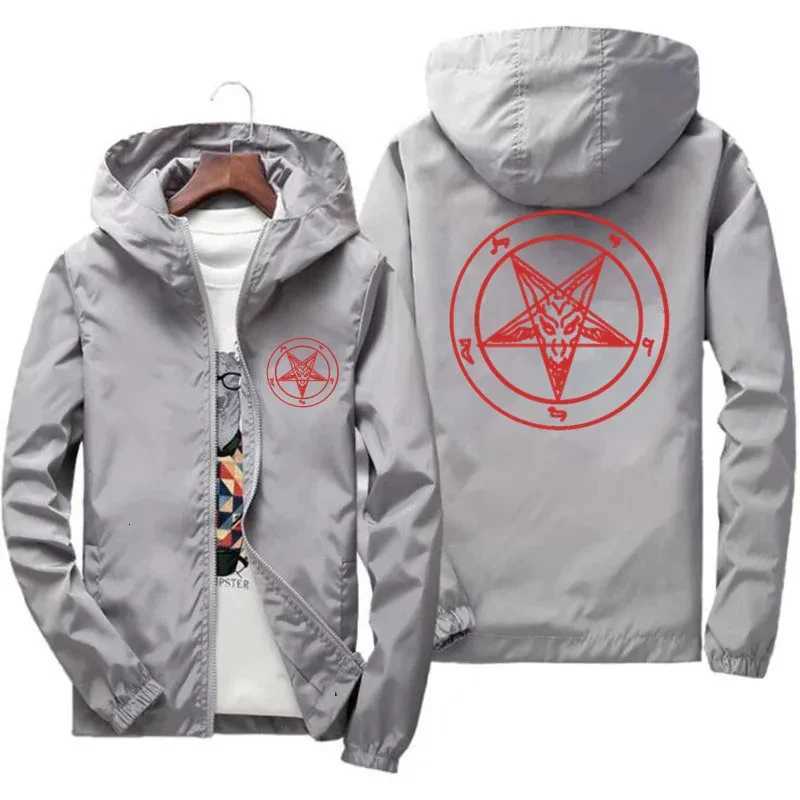 Mens Pentagram Men Church of Satan Baphomet Knights Templar Pentagram Thin Hooded Windbreaker T-Shirt Coat Pilot Jacket 7XL W250809