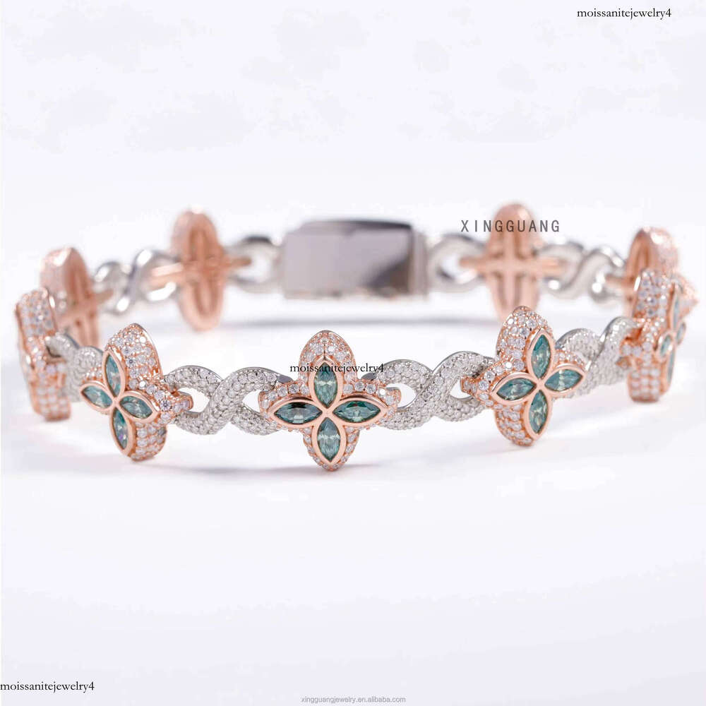 New Fashion Four Leaf Sterling Sier Colored Marquise Moissanite Infinity Link Clover Cuban Bracelet