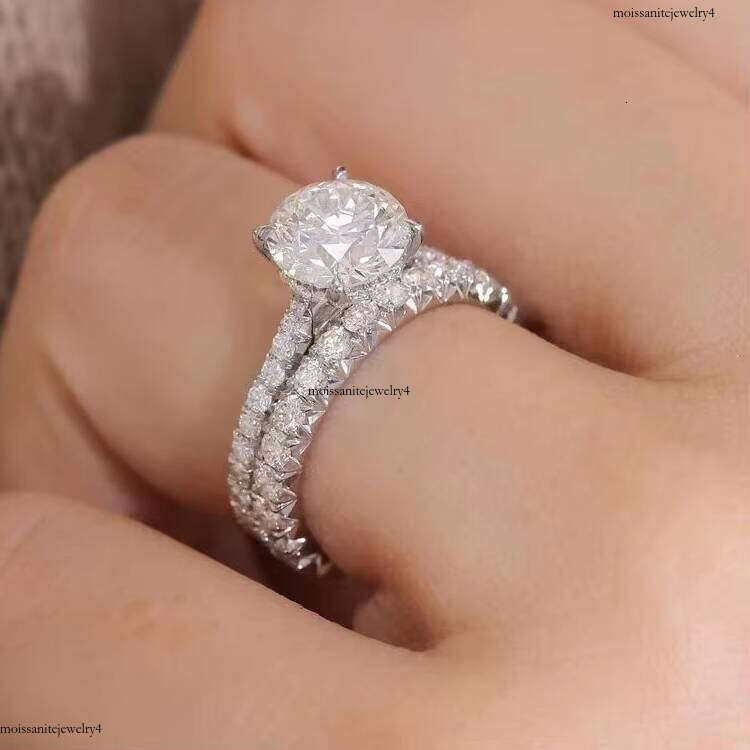 Customized 2CT Round Moissanite Dia Hidden Halo 14K White Gold Wedding Rings and Bands Jewelry Set