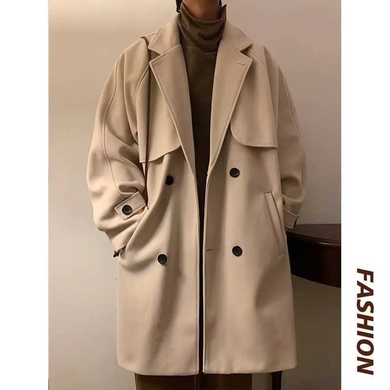 OIMG New Autumn Winter Double Breasted Woolen Coat Medium to Long Mens Woolen Windbreaker Loose Long Coat XJ250809