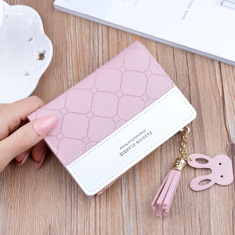 New Small Wallet Designer Bag For Women Short Zipper Tassel Wallet Korean Luxury Bag Fashion Plaid Color-block Coin Purse Card Holder For Female Stude