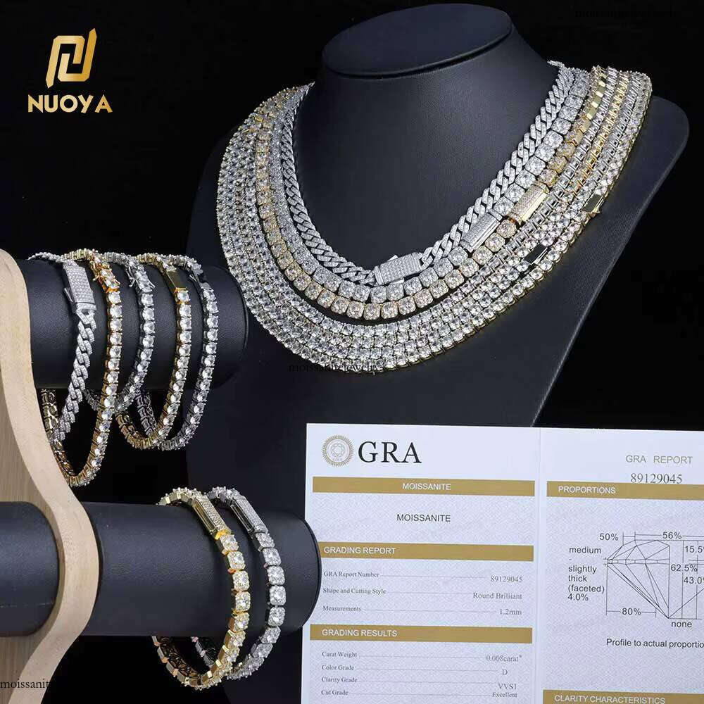 Nuoya Sterling Sier 7mm Custom VVS Moissanite Dia Cluster Tennis Chain Necklace
