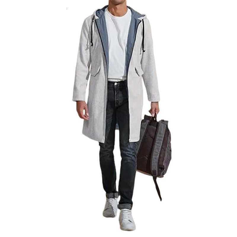 Mens Hooded Jacket Winter Long Zip Coat with Lining Wool Blends Streetwear Knee Coats Casual Mens Outerwear Clothing XJ250809
