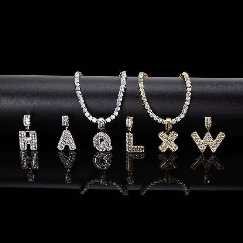 Iced Out Baguette Initials Pendant Men's Hip Hop Name Plate Letters Necklace for Men