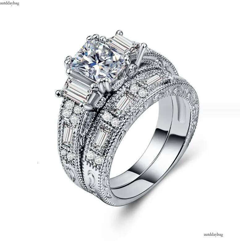 Choucong Unique Handmade Wedding Rings Jewelry Sterling Sier Princess Cut White Topaz CZ Dia Gemstones Party Women Bridal Couple Ring Set Gift