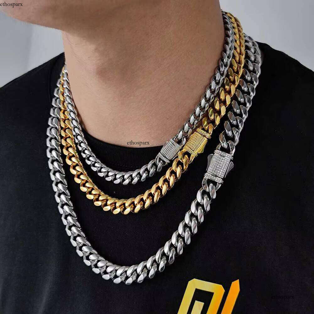 Nuoya 8/10/12mm Hight Quality Cuban Link Stainless Steel Jewelry Iced Out Clasp Sier Gold Plated Curb Chain Necklace