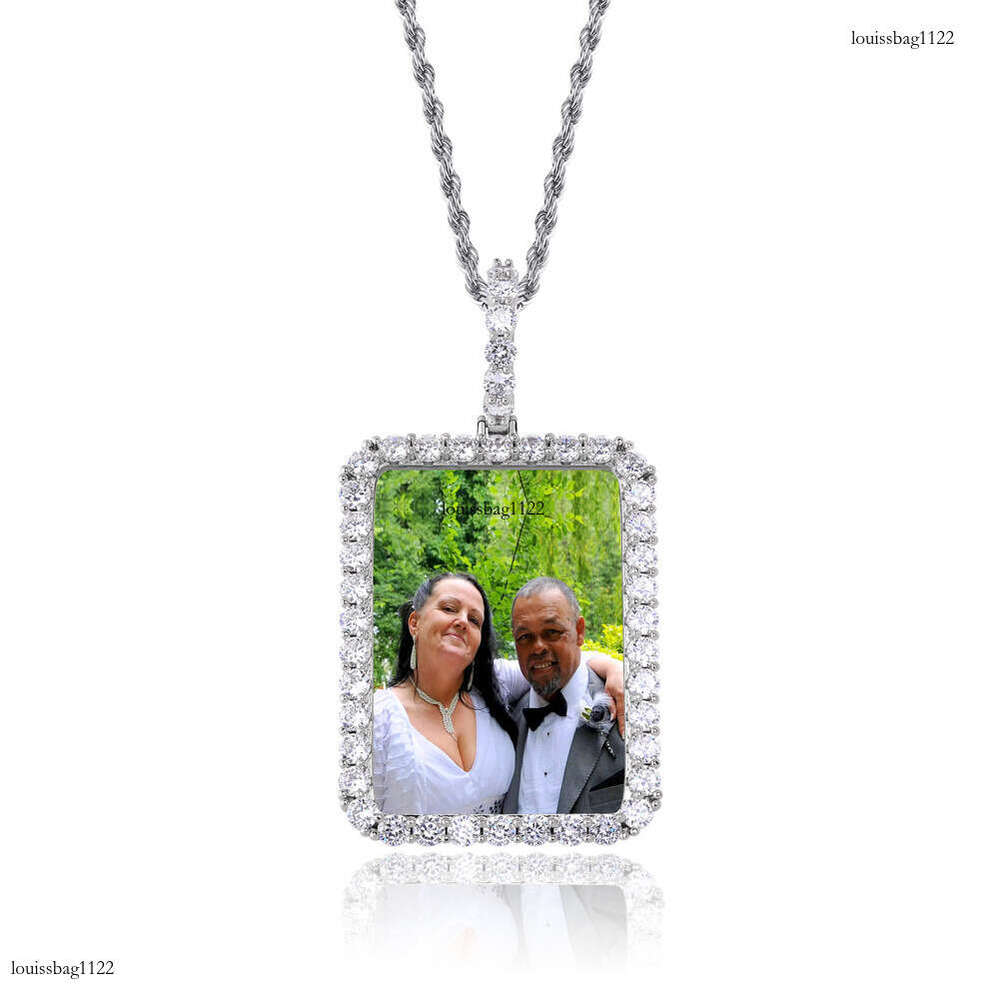 Trendy Double Row Inlaid Moissanite chain Square Frame Pendant Personality Hip-Hop Style Photo Memory Medal Necklace Jewelry