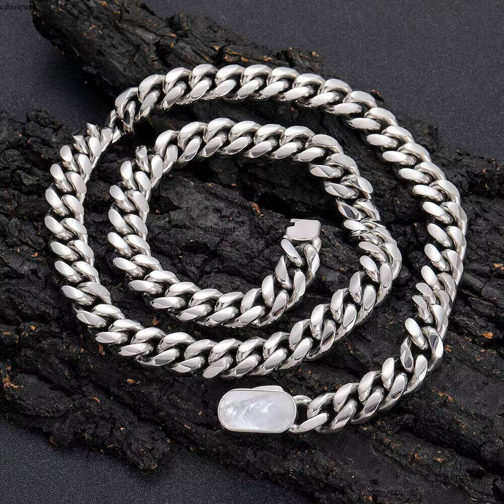 New Style 8mm 12mm Cuban Link Pave Shell Clasp Gold Plated Stainless Steel Chain Necklace