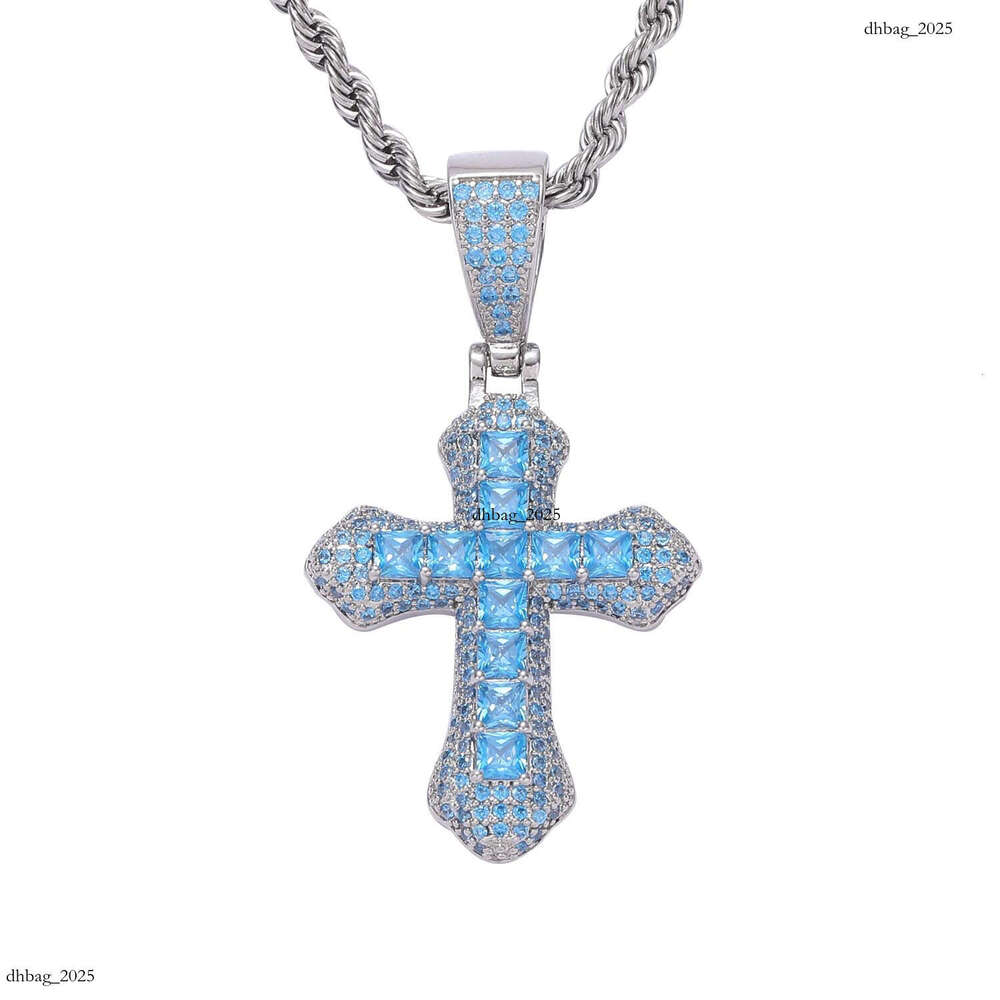Blue Moissanite chain Cross Necklace Hip Hop Fashion Heavy Craft Inlaid Simple Clavicle Chain Pendant for Men and Women