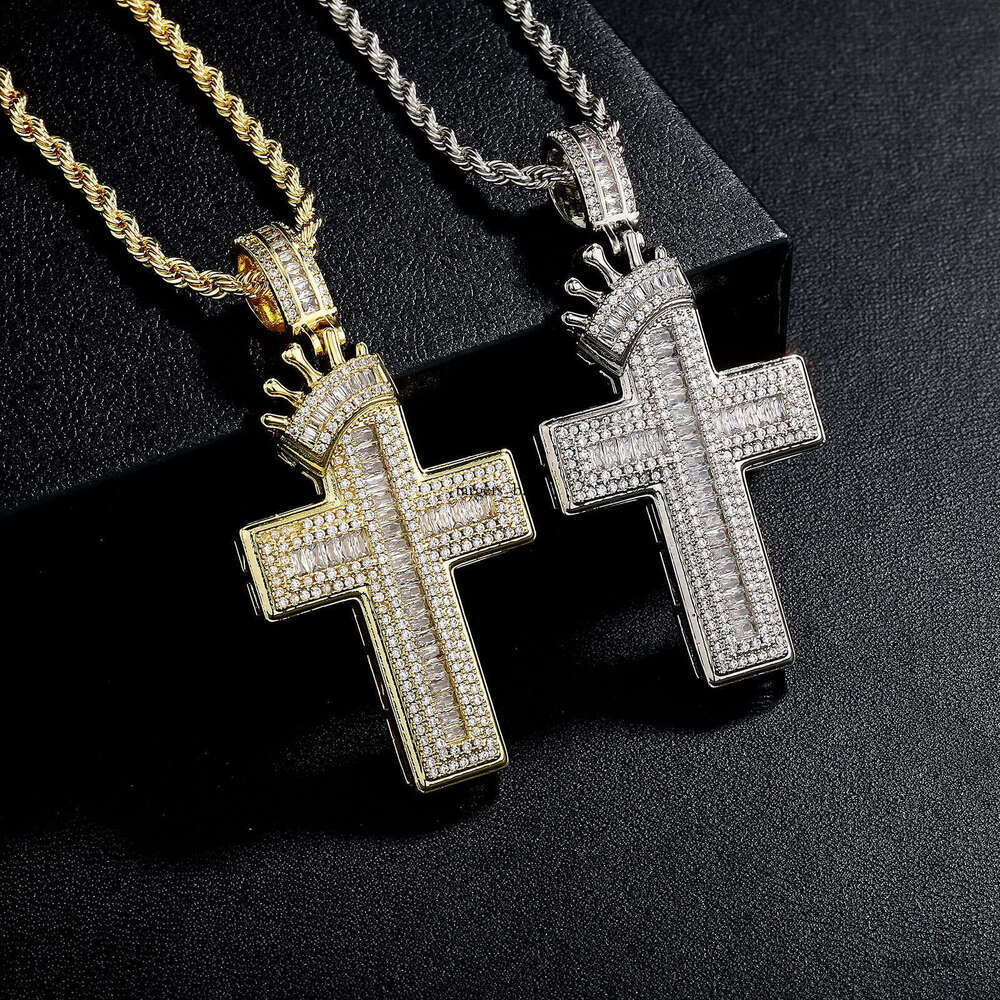 Hip Hop Crown Cross Shape Inlaid Dia Pendant Necklace Fashion Trend Unisex Cable Knit Sweater Chain