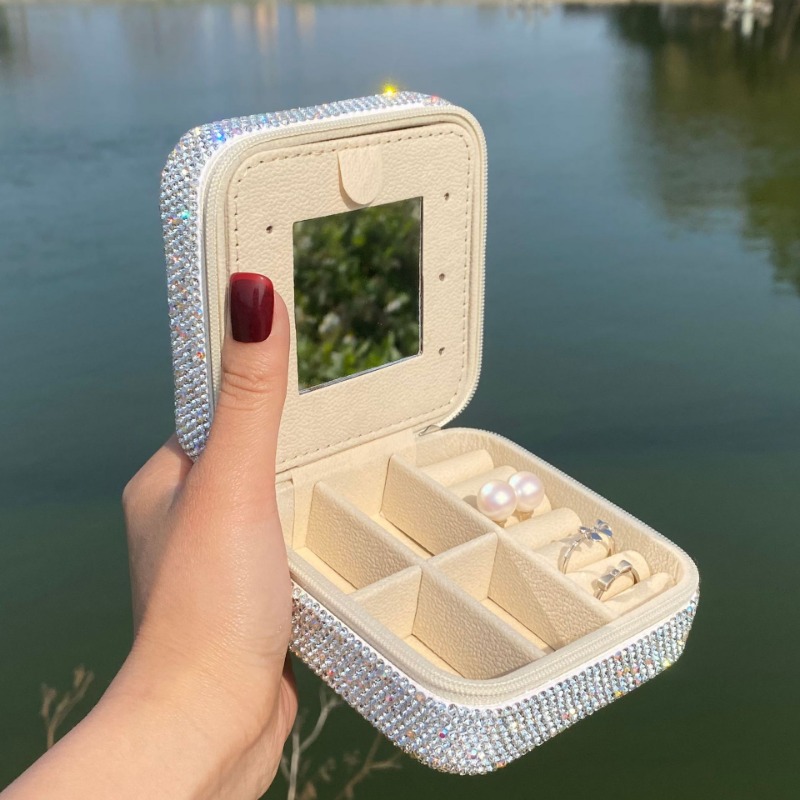 Elegant Diamond Decorated Storage Container with Mirrored Interior for Jewels
