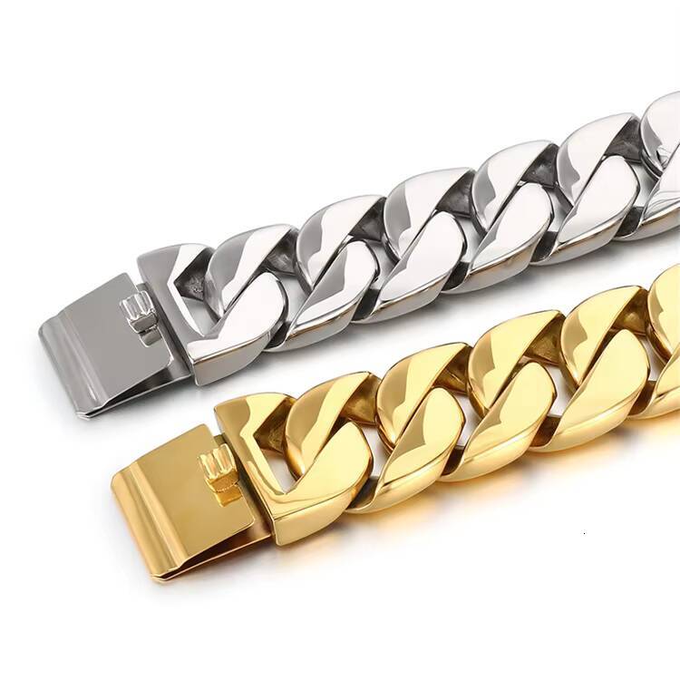 Mens 31MM Large Heavy Polished Stainless Steel Plated 18K Gold Plated Thick Chunky Cuban Curb Chain Link Necklace Bracelet