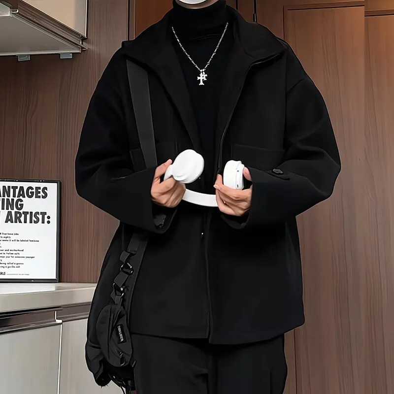 Korean Fashion Mens Wool Blend Coat Single Breasted Pea Coat Trench Overcoat XJ250809