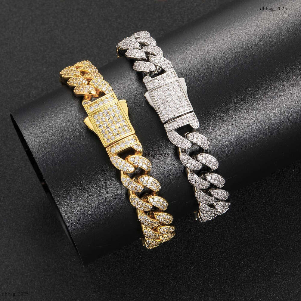 12mm Cuban Chain Micro Paved Zircon Spring Clasp Personality Trendy Men's Hip Hop Bracelet Accessories