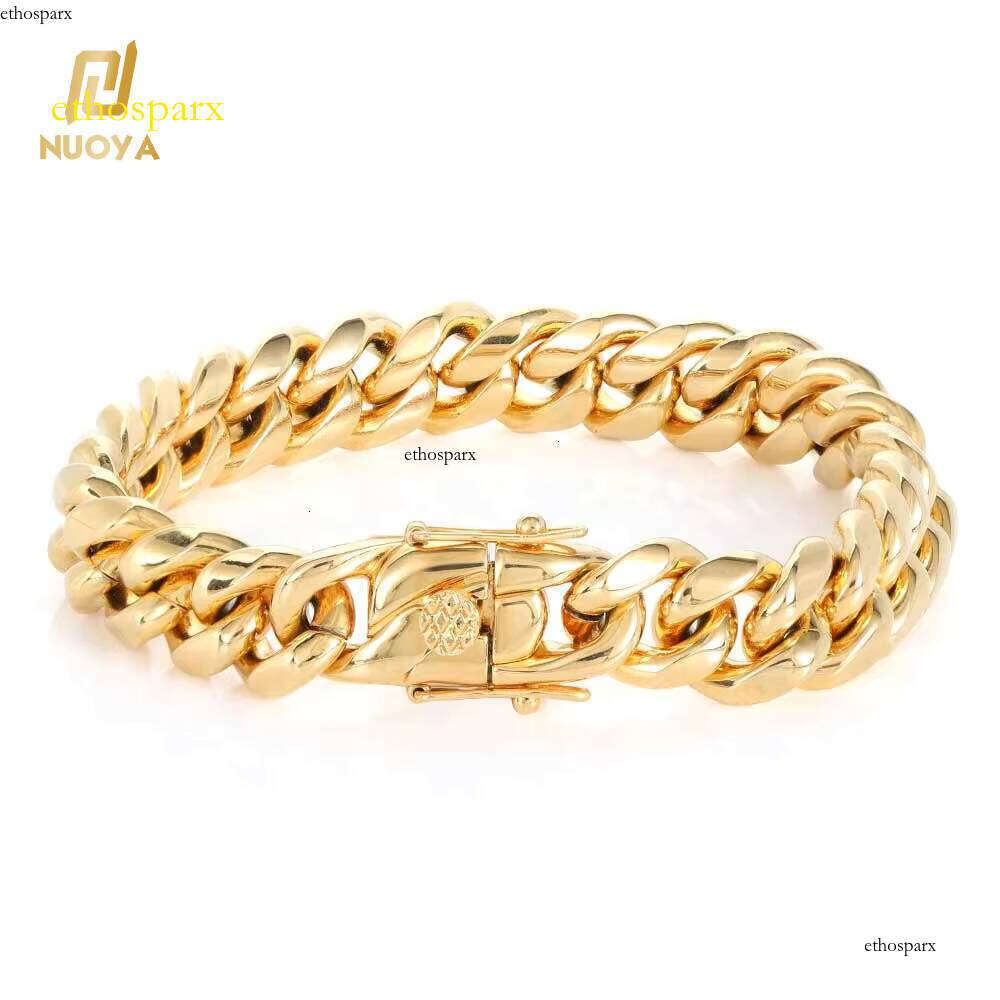 Nuoya Hip Hop 8mm Link Gold Plated Stainless Steel Cuban Bracelet for Men's Fine Jewelry