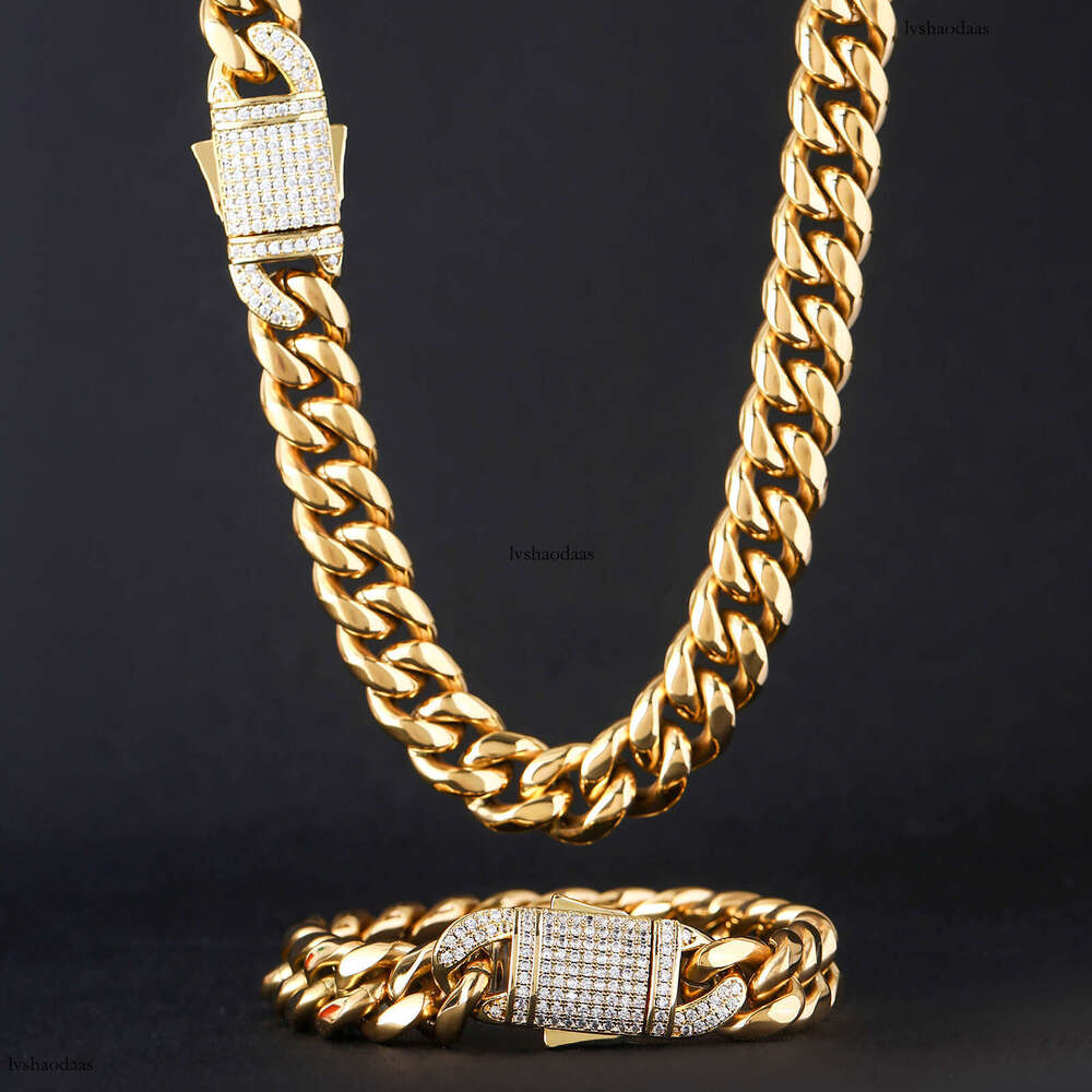 6mm-14mm Stainless Cuban Chain Titanium Steel Micro Paved Moissanite chain Spring Clasp Trendy Hip Hop Necklace