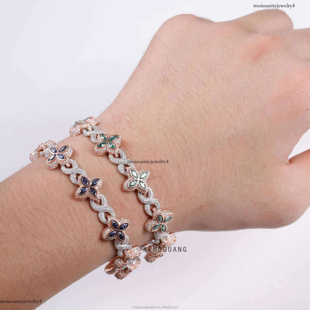 New Fashion Four Leaf Sterling Sier Colored Marquise Moissanite Infinity Link Clover Cuban Bracelet