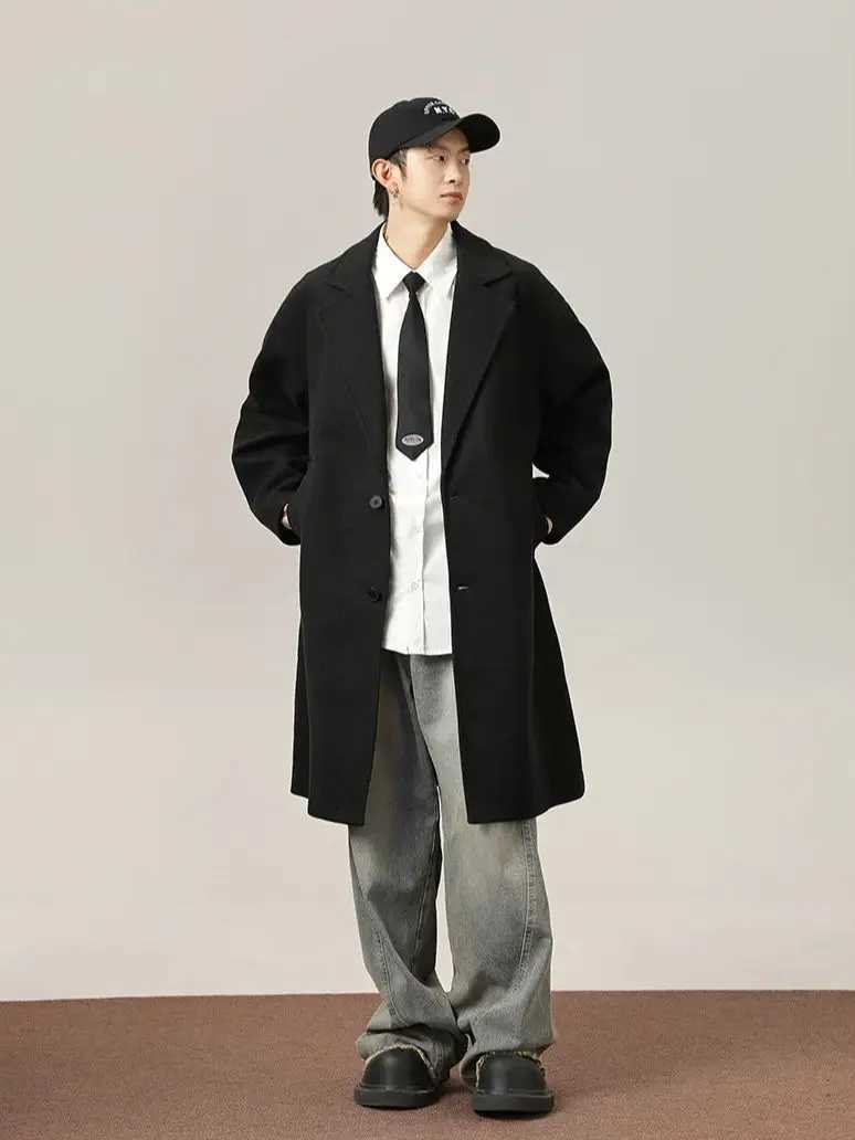 Retro Double-sided Wool Coat Mens Medium-length Knee Tweed Autumn Winter Thickened Suit Wind Coat Jacket Warm Soft XJ250809