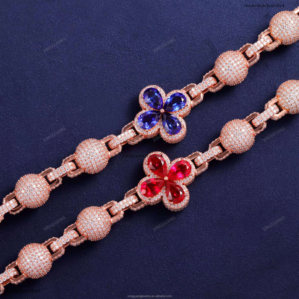 Unique Design Lab Ruby Sapphire Cuban Link Chain 12mm Round VVS Moissanite Rose Gold Plated Sier Ball Necklace